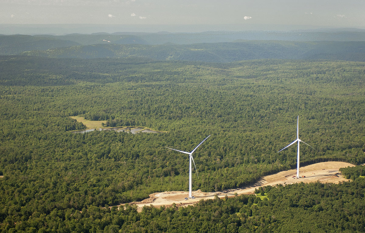 New wind farm under construction along a ridge northeast of Williamsport, Pennsylvania.